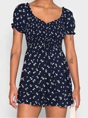 Navy Floral Short Sleeve Smocked Mini Romper - Hollister - cottagecore - fairy